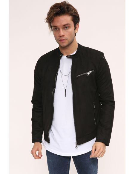 Zipper Detail Black Suede Men Jacket