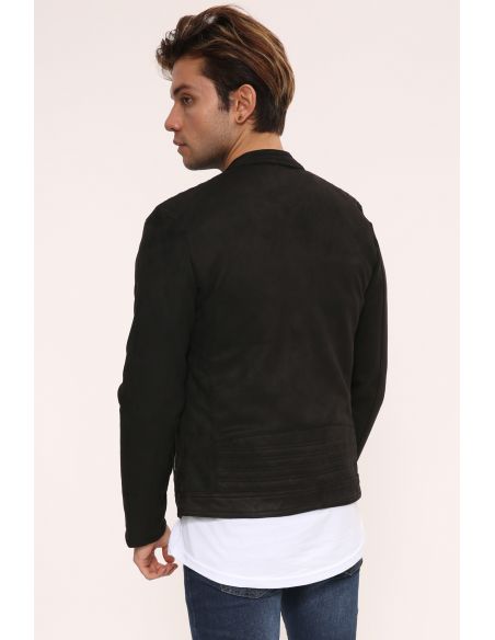 Zipper Detail Black Suede Men Jacket