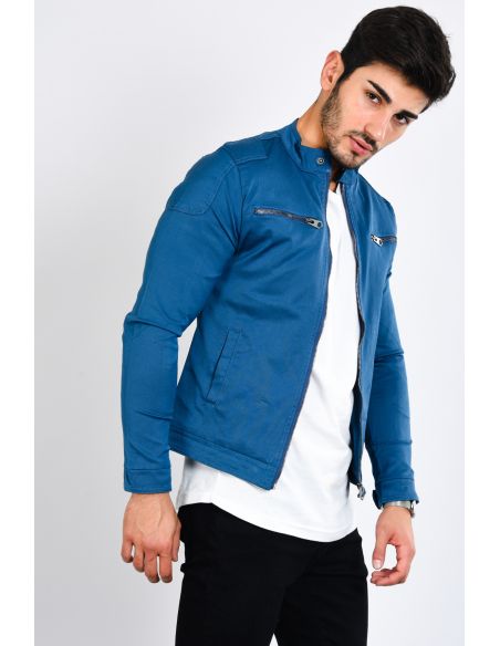Double Pocket Seasonal Blue Mens Coat with Zipper