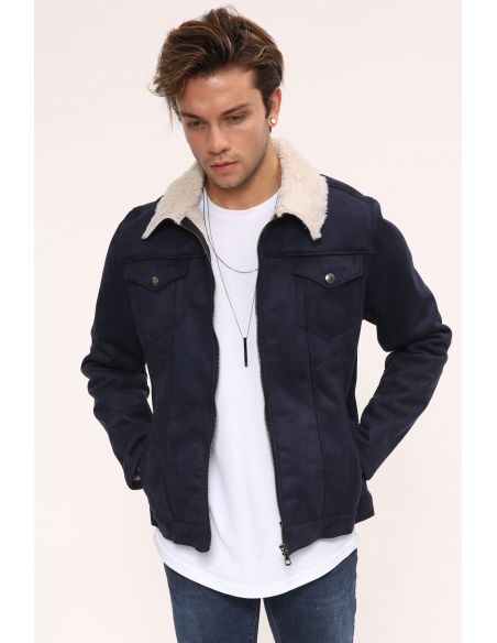 Navy Blue Suede Mens Jacket with Zipper