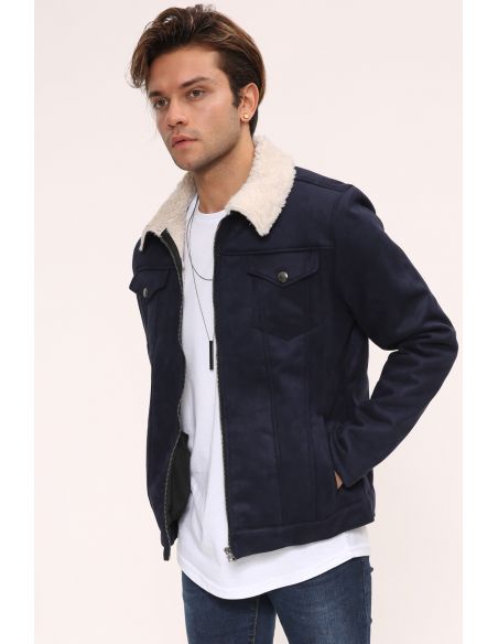 Navy Blue Suede Mens Jacket with Zipper