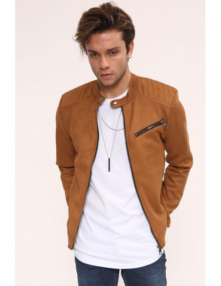 Zipper Detail Taba Suede Mens Jacket