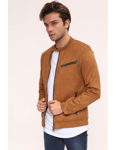 Zipper Detail Taba Suede Mens Jacket