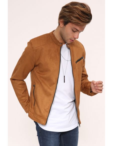 Zipper Detail Taba Suede Mens Jacket