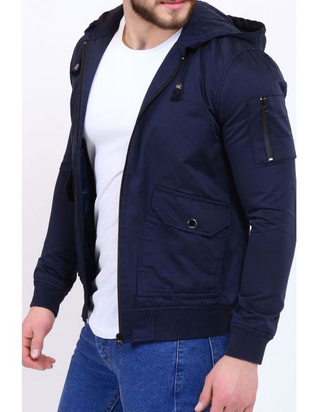 Sleeve Zipper Detail Navy Blue Seasonal Male Coat