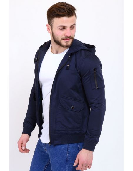 Sleeve Zipper Detail Navy Blue Seasonal Male Coat