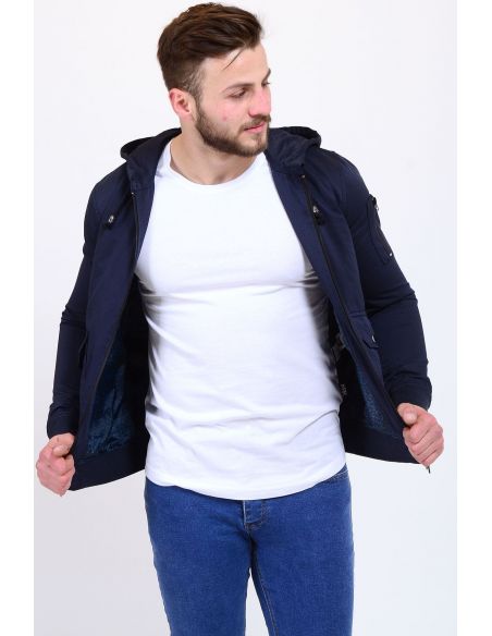 Sleeve Zipper Detail Navy Blue Seasonal Male Coat