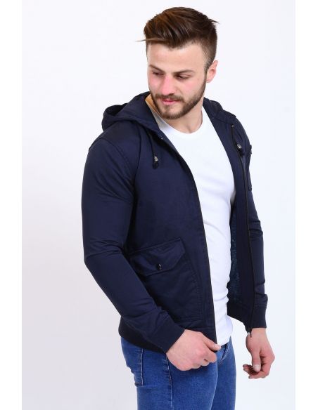 Sleeve Zipper Detail Navy Blue Seasonal Male Coat