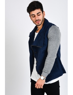 Sleeve Fleece Shawl Lapel Zippered Oil Blue Mens Coat