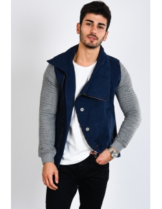 Sleeve Fleece Shawl Lapel Zippered Oil Blue Mens Coat 2