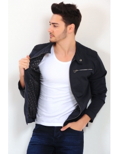 Zippered Double Pocket Navy Blue Men's Coat