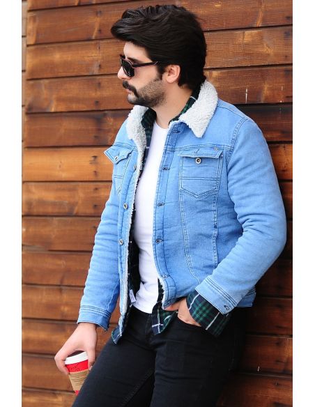 Men's Denim Jacket with Gray Sleeves Side Zipper