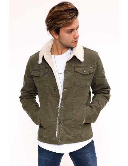 Fur White Khaki Mens Jeans Jacket