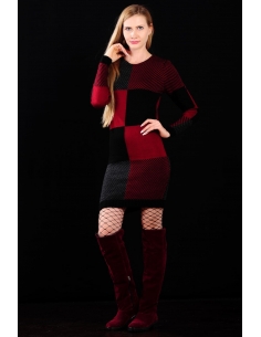 Tricot à motif carré rouge noir pour femme