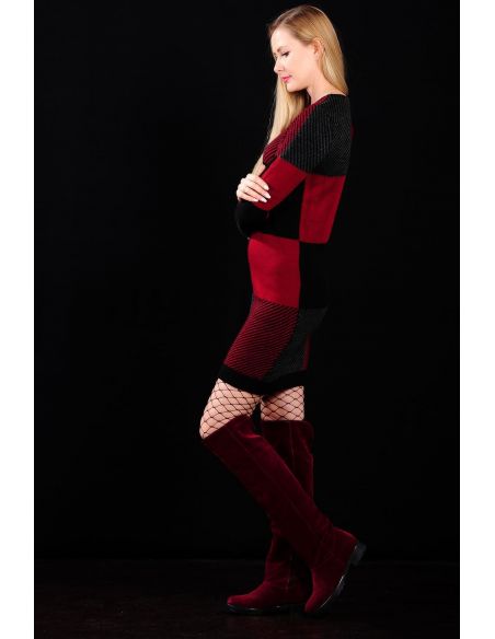 Square Pattern Red Black Womens Knitwear