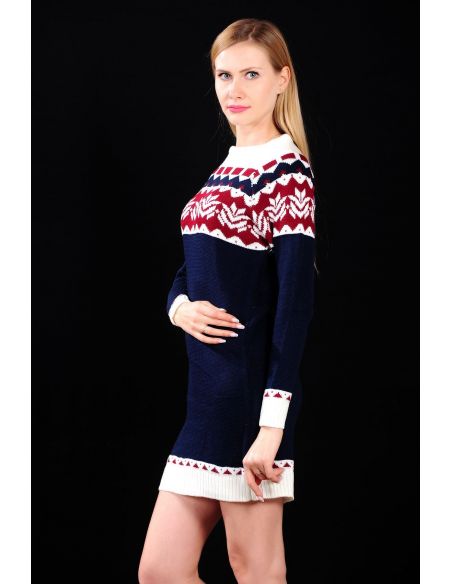 Navy Blue Women Knitwear with Red White Pattern