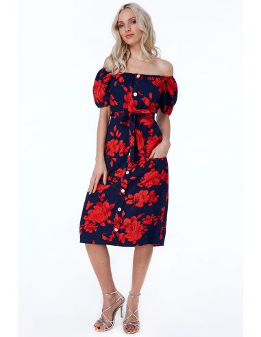 Cosmochic - Bardot Floral Print Midi Dress