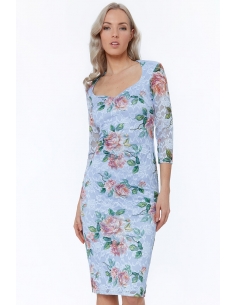 Navy Floral Three Quarter Sleeve Midi Dress