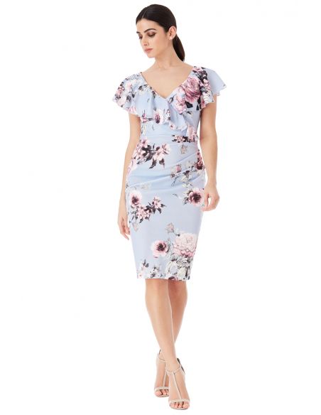 Floral Print Midi Dress with Frilled V Neckline