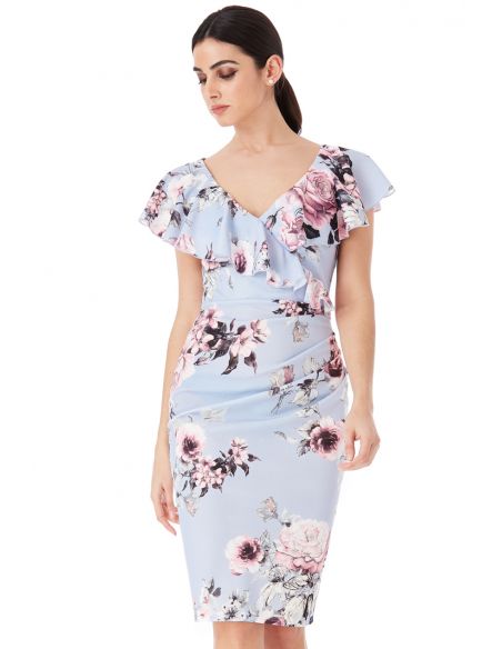 Floral Print Midi Dress with Frilled V Neckline