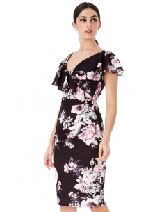 Black Floral Print Midi Dress with Frilled V Neckline
