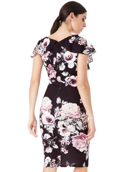 Black Floral Print Midi Dress with Frilled V Neckline
