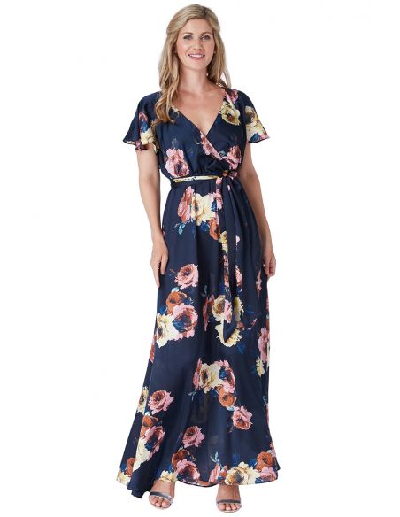 Navy Floral Flutter Sleeve Maxi Dress with Tie Waist