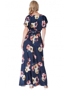 Navy Floral Flutter Sleeve Maxi Dress with Tie Waist 2