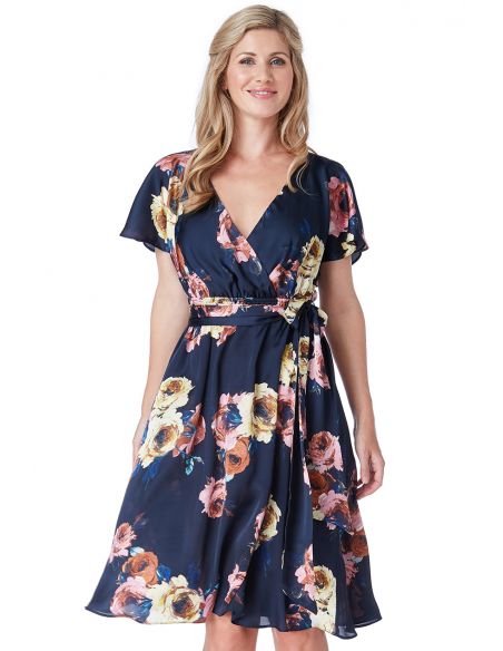 Floral Print Faux Wrap Midi Dress with Flutter Sleeves