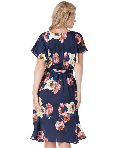 Floral Print Faux Wrap Midi Dress with Flutter Sleeves