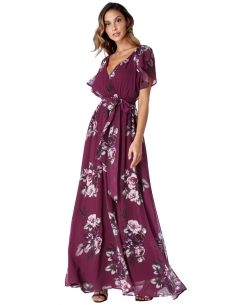 Magenta Silky Chiffon Deep V Neck Butterfly Sleeve Maxi