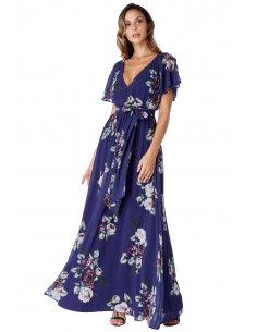 Purple Silky Chiffon Deep V Neck Butterfly Sleeve Maxi