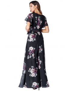 Black Purple Silky Chiffon Deep V Neck Butterfly Sleeve Maxi 2