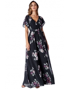 Mauve soyeuse noire violette à manches longues et encolure en V maxi