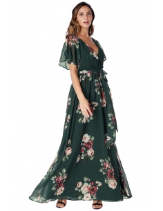 Green Silky Chiffon Deep V Neck Butterfly Sleeve Maxi