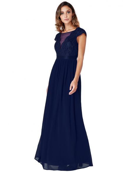 NAVY EMBROIDERED BODICE MAXI DRESS WITH CAP SLEEVES