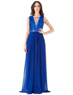 KRALIYET MAVI V KOLYE CHIFFON MAXI ELBISE