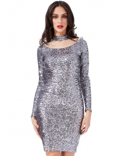 SILVER HIGH NECK CUT OUT SEQUIN MIDI DRESS