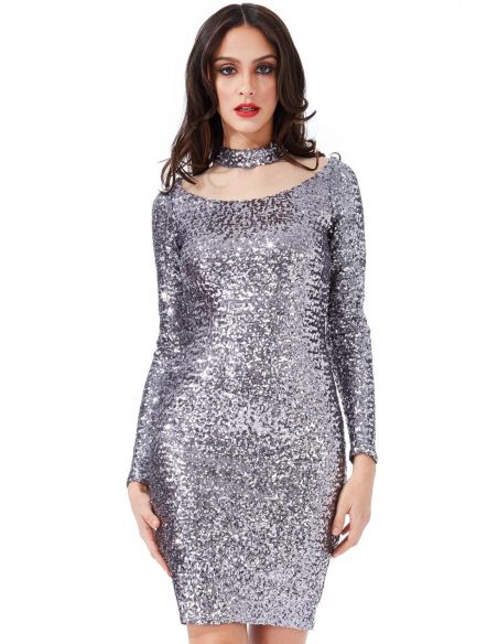 SILVER HIGH NECK CUT OUT SEQUIN MIDI DRESS