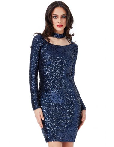NAVY HIGH NECK CUT OUT SEQUIN MIDI DRESS