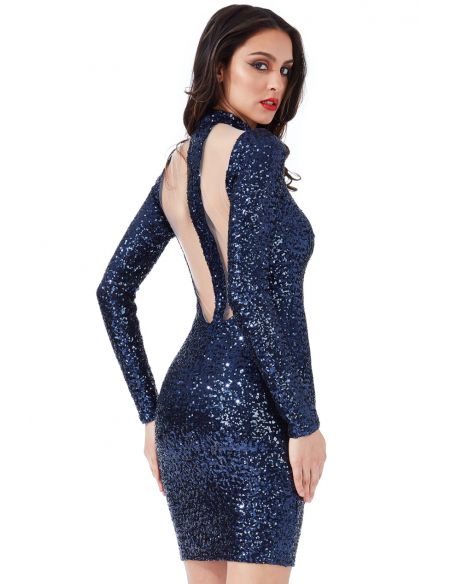 NAVY HIGH NECK CUT OUT SEQUIN MIDI DRESS