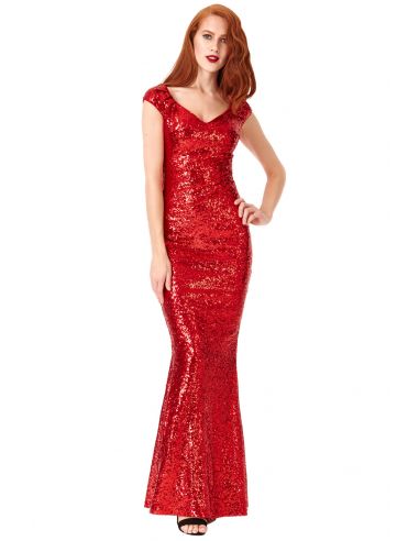 RED SWEETHEART NECKLINE SEQUIN PLEATED MAXI DRESS