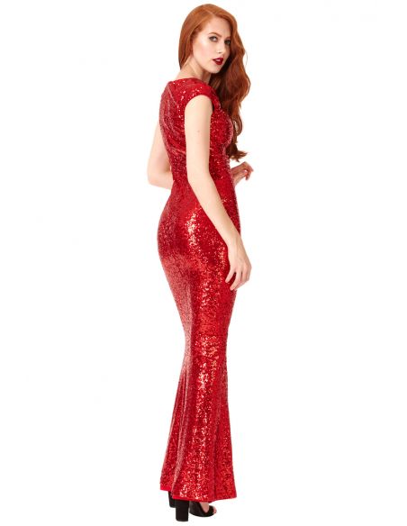 RED SWEETHEART NECKLINE SEQUIN PLEATED MAXI DRESS