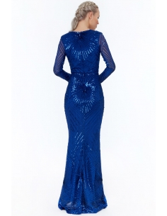 royal blue sequin long sleeve fishtail maxi dress
