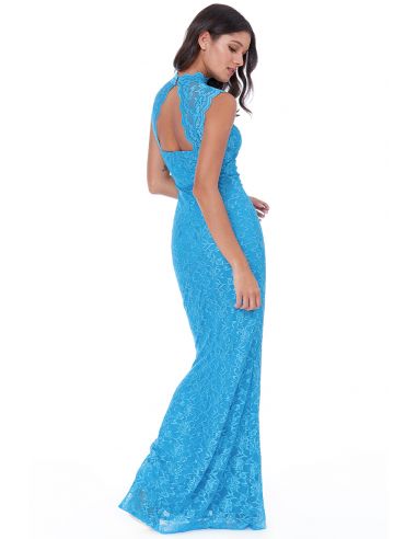 TURQUOISE HIGH NECK CUT OUT LACE MAXI DRESS