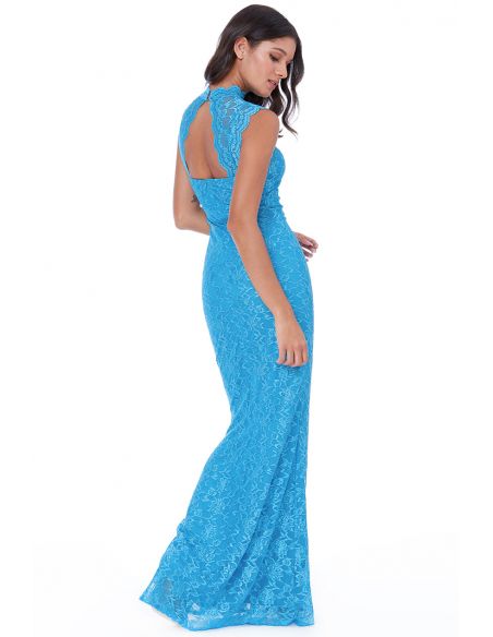 TURQUOISE HIGH NECK CUT OUT LACE MAXI DRESS