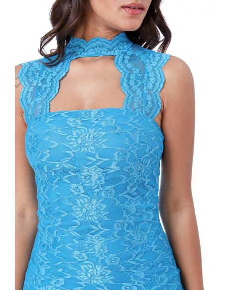 TURQUOISE HIGH NECK CUT OUT LACE MAXI DRESS