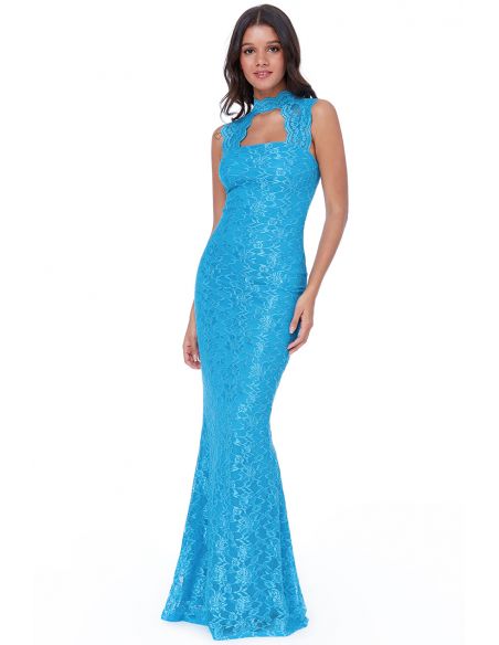 TURQUOISE HIGH NECK CUT OUT LACE MAXI DRESS
