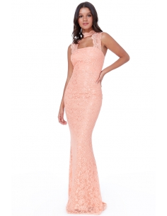 PEACH HIGH NECK CUT OUT LACE MAXI DRESS