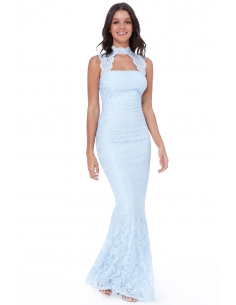 POWDERBLUE HIGH NECK CUT OUT LACE MAXI DRESS